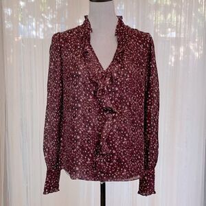 PARKER ruffled collar/neckline to front center of blouse ruffled cuffs w buttons